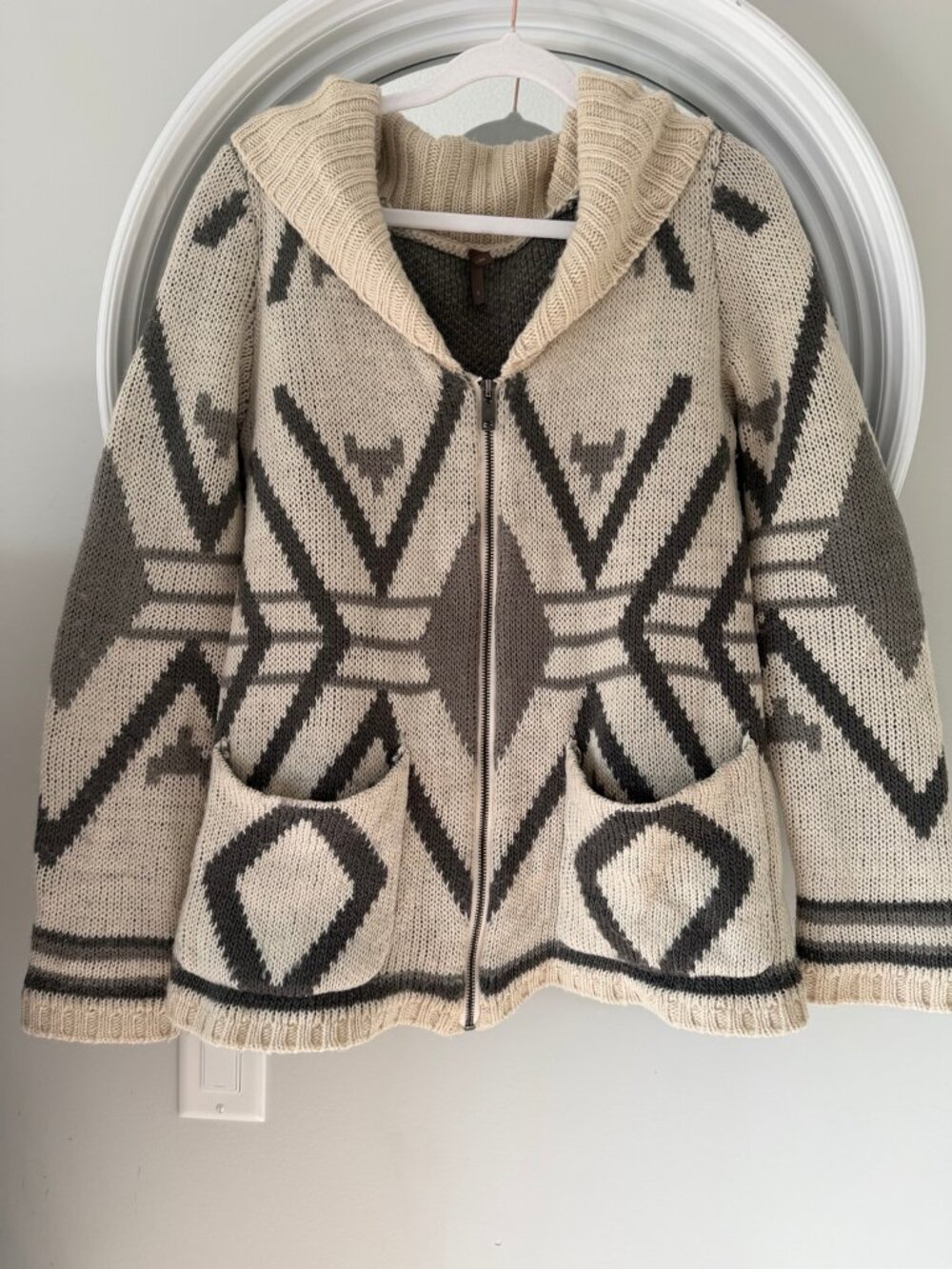 Stetson Cream Grey Geometric Wool Blend Shawl Collar Zip Cardigan Small